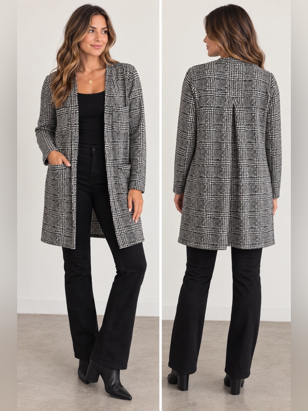 Max Studio Black & White Plaid Open-Front Long Coatigan